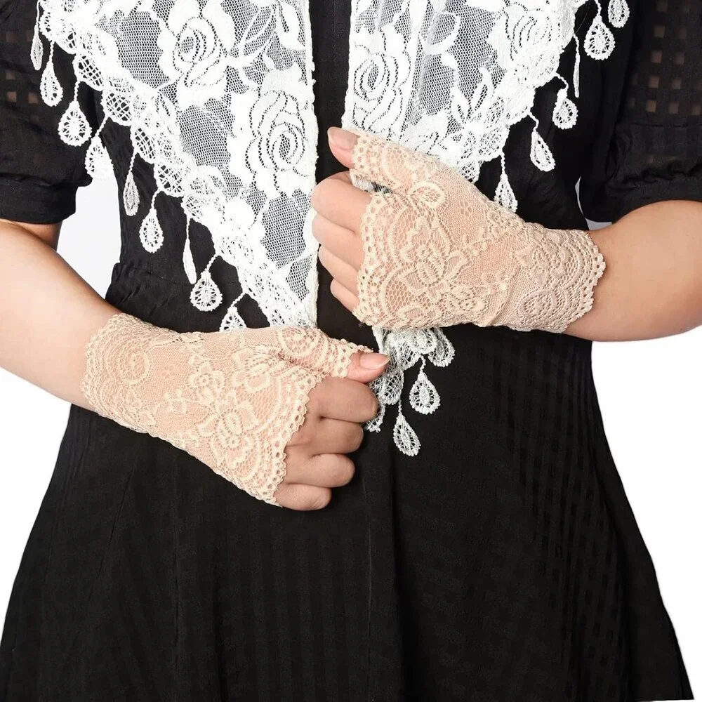 Women's 2 Pair Black Apricot Lace Fingerless Gloves Party Costume Accessories